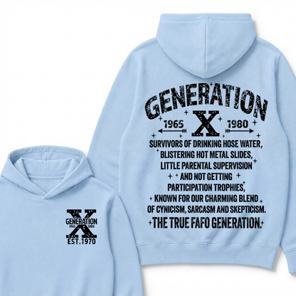 Generation X 1965-1980 EST.Year Survivors Of Drinking Hose Water Front Back Print Hoodie