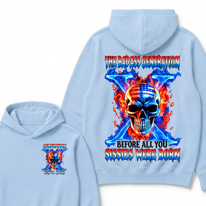 Custom EST Year The Badass Generation Skull American Flag Fire Cross Hoodie