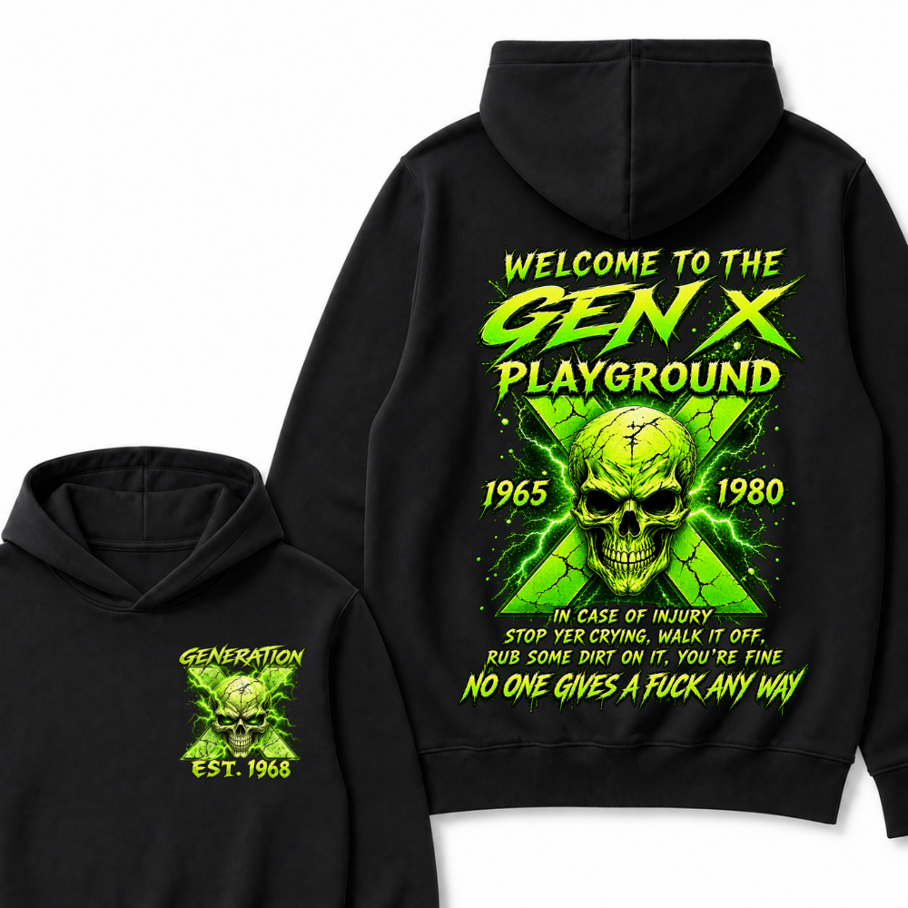 Custom EST Year Welcome To The Gen X Playground Green Lightning Skull Hoodie