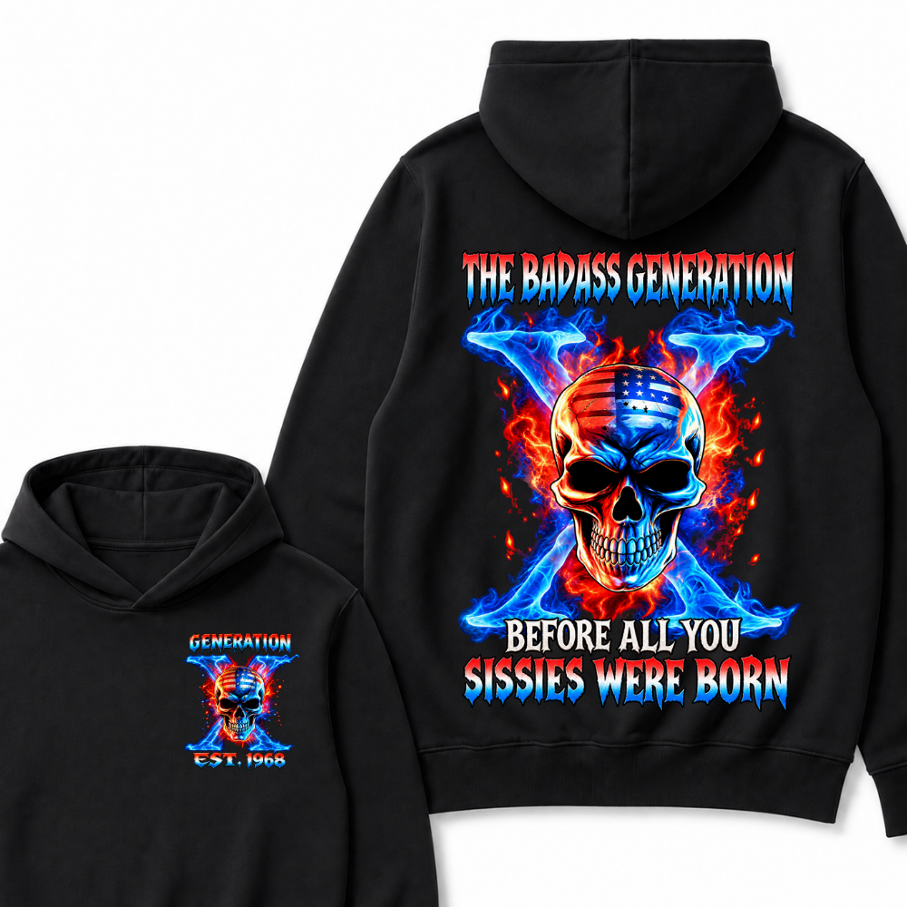Custom EST Year The Badass Generation Skull American Flag Fire Cross Hoodie