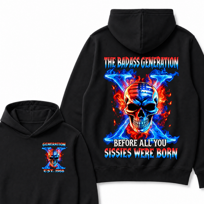 Custom EST Year The Badass Generation Skull American Flag Fire Cross Hoodie