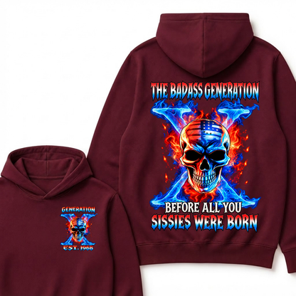 Custom EST Year The Badass Generation Skull American Flag Fire Cross Hoodie