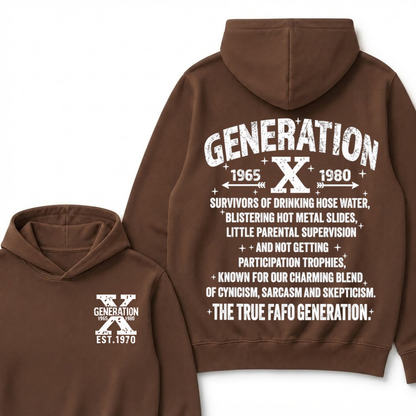 Generation X 1965-1980 EST.Year Survivors Of Drinking Hose Water Front Back Print Hoodie