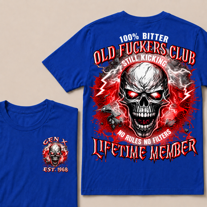 Gen X Custom Year Old Fuckers Club Red Lightning Cracked Skull Blood Splatter T-Shirt