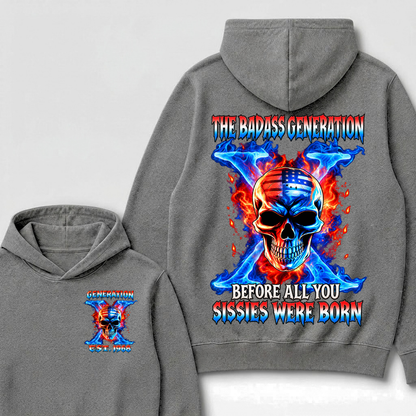 Custom EST Year The Badass Generation Skull American Flag Fire Cross Hoodie