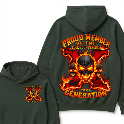 Custom EST Year Proud Member Of The Fuck Your Feelings Generation X Fire Skull Hoodie
