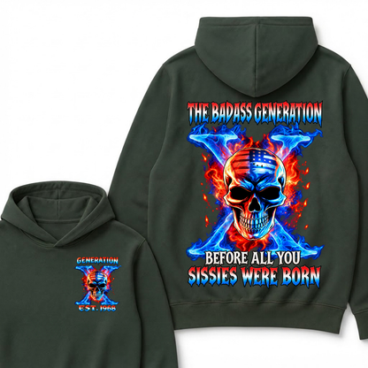 Custom EST Year The Badass Generation Skull American Flag Fire Cross Hoodie