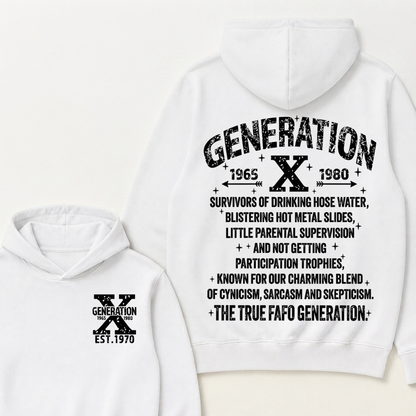 Generation X 1965-1980 EST.Year Survivors Of Drinking Hose Water Front Back Print Hoodie