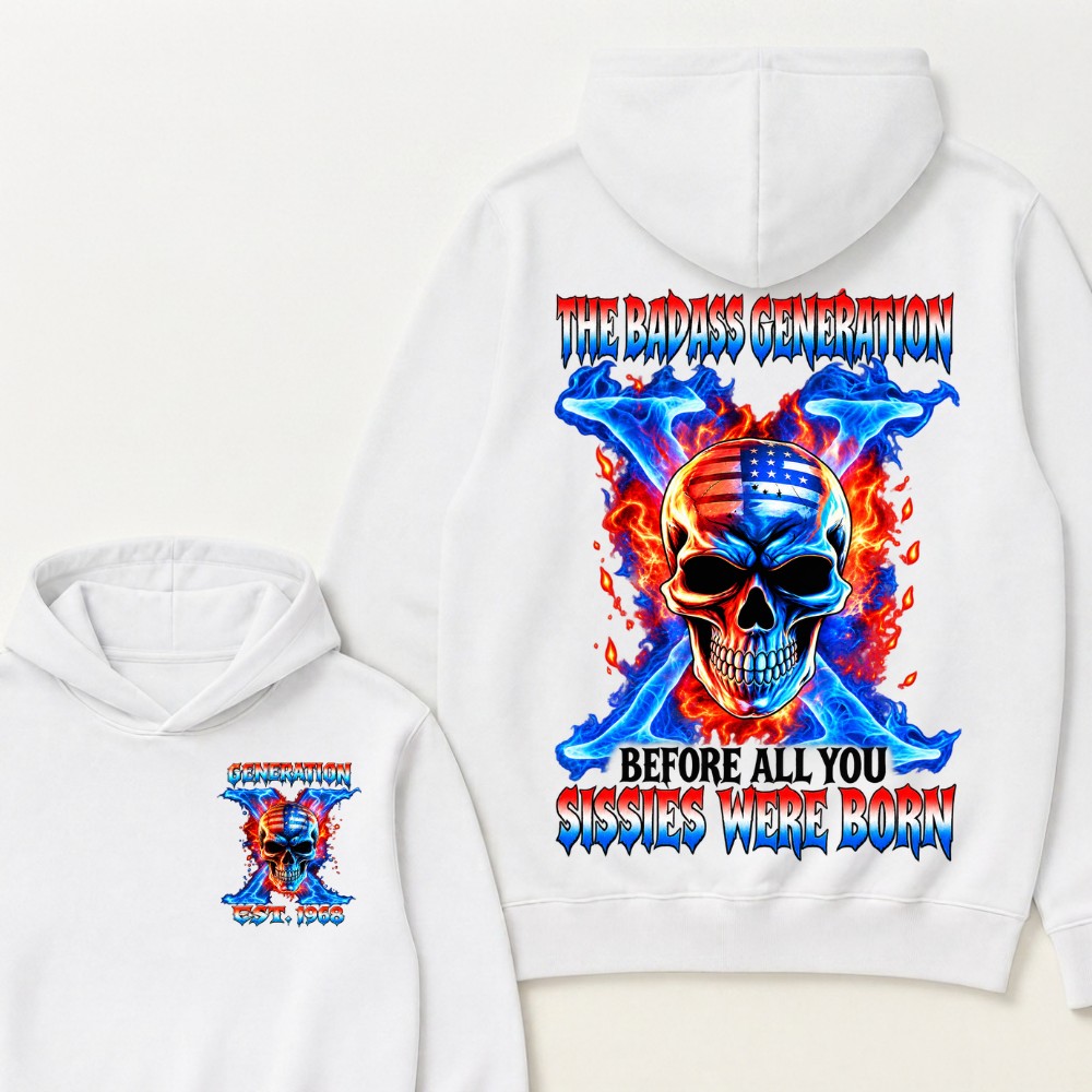 Custom EST Year The Badass Generation Skull American Flag Fire Cross Hoodie