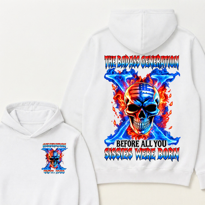 Custom EST Year The Badass Generation Skull American Flag Fire Cross Hoodie