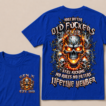 Gen X Custom Year Old Fuckers Club Multi Skull Chain Fire Lightning T-Shirt
