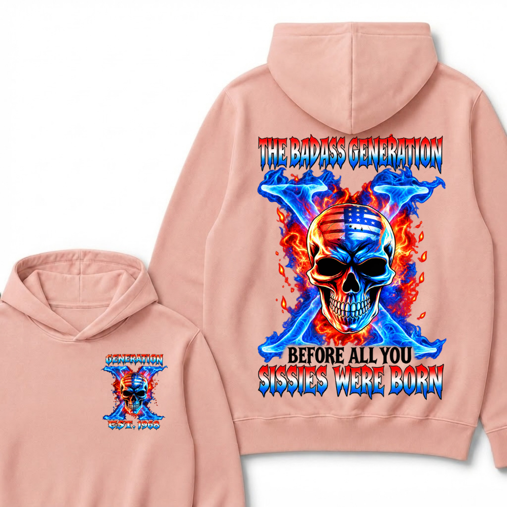 Custom EST Year The Badass Generation Skull American Flag Fire Cross Hoodie