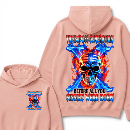 Custom EST Year The Badass Generation Skull American Flag Fire Cross Hoodie
