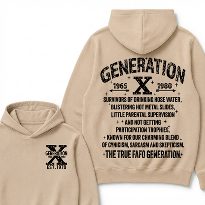 Generation X 1965-1980 EST.Year Survivors Of Drinking Hose Water Front Back Print Hoodie