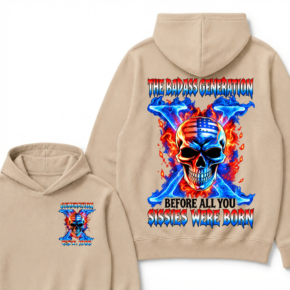 Custom EST Year The Badass Generation Skull American Flag Fire Cross Hoodie