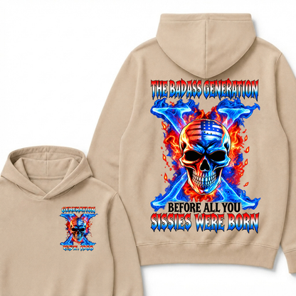 Custom EST Year The Badass Generation Skull American Flag Fire Cross Hoodie
