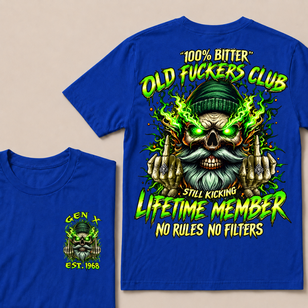 Gen X Custom Year Old Fuckers Club Beanie Skull Double Finger Green Flame T-Shirt
