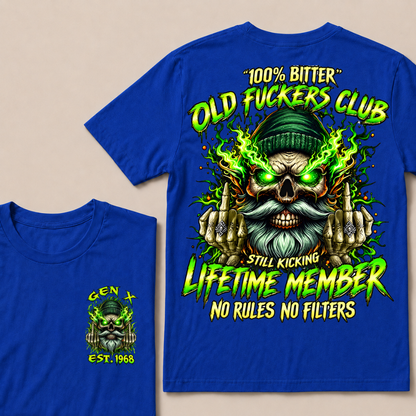 Gen X Custom Year Old Fuckers Club Beanie Skull Double Finger Green Flame T-Shirt