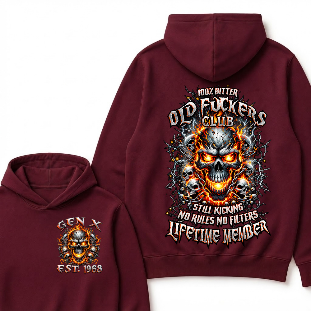 Gen X Custom Year Old Fuckers Club Hellfire Multi Skull Chain Lightning Hoodie