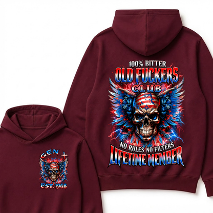 100% Bitter Old Fuckers Club Lifetime Member Hoodie Custom Year Gen X Patriotic Winged USA Flag Skull Red Blue Lightning No Rules No Filters Mens Biker Hoodie