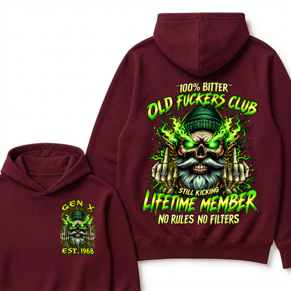 Gen X Custom Year Old Fuckers Club Beanie Bearded Skull Double Finger Green Flame Hoodie