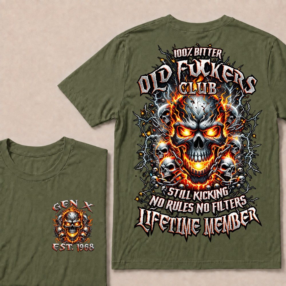 Gen X Custom Year Old Fuckers Club Multi Skull Chain Fire Lightning T-Shirt