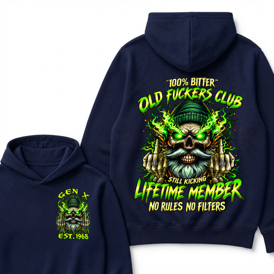 Gen X Custom Year Old Fuckers Club Beanie Bearded Skull Double Finger Green Flame Hoodie