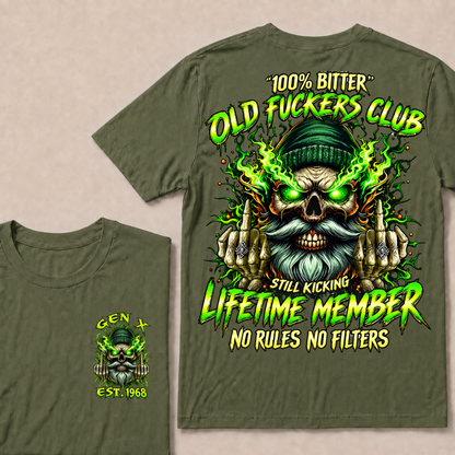 Gen X Custom Year Old Fuckers Club Beanie Skull Double Finger Green Flame T-Shirt