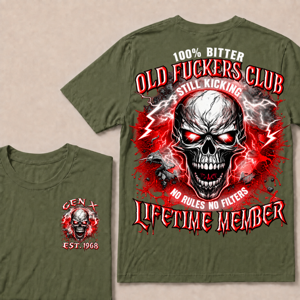 Gen X Custom Year Old Fuckers Club Red Lightning Cracked Skull Blood Splatter T-Shirt