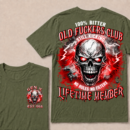 Gen X Custom Year Old Fuckers Club Red Lightning Cracked Skull Blood Splatter T-Shirt