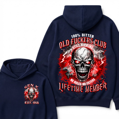 100% Bitter Old Fuckers Club Lifetime Member Hoodie Custom Year Gen X Red Lightning Cracked Skull Mens Biker Hoodie