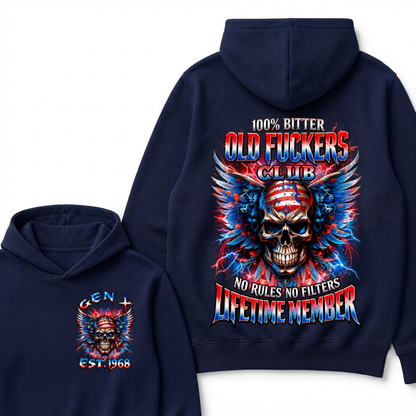 100% Bitter Old Fuckers Club Lifetime Member Hoodie Custom Year Gen X Patriotic Winged USA Flag Skull Red Blue Lightning No Rules No Filters Mens Biker Hoodie