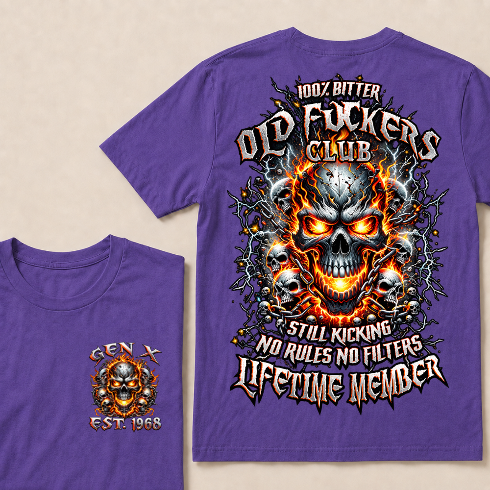 Gen X Custom Year Old Fuckers Club Multi Skull Chain Fire Lightning T-Shirt