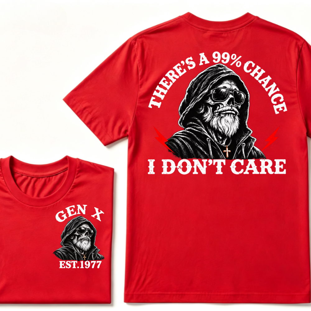 Gen X EST.Year There's A 99% Chance I Don't Care Bearded Skull Hooded Graphic T-Shirt