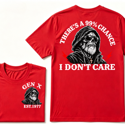 Gen X EST.Year There's A 99% Chance I Don't Care Bearded Skull Hooded Graphic T-Shirt