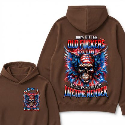 100% Bitter Old Fuckers Club Lifetime Member Hoodie Custom Year Gen X Patriotic Winged USA Flag Skull Red Blue Lightning No Rules No Filters Mens Biker Hoodie