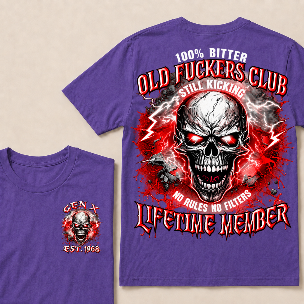 Gen X Custom Year Old Fuckers Club Red Lightning Cracked Skull Blood Splatter T-Shirt