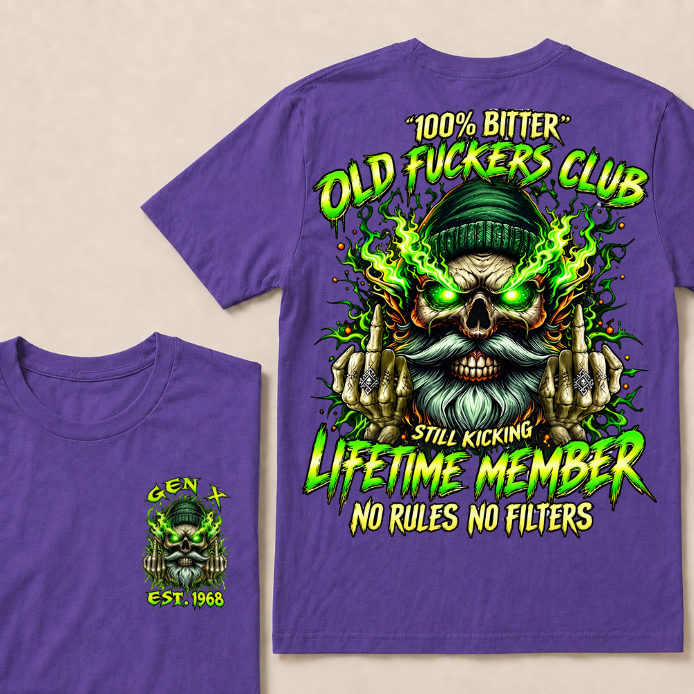 Gen X Custom Year Old Fuckers Club Beanie Skull Double Finger Green Flame T-Shirt