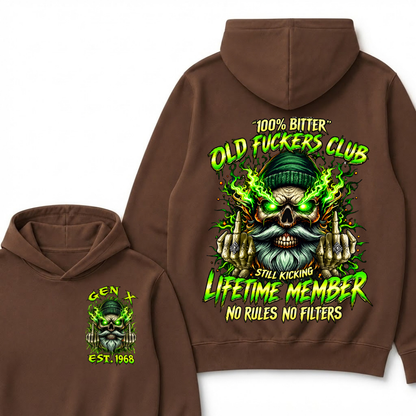 Gen X Custom Year Old Fuckers Club Beanie Bearded Skull Double Finger Green Flame Hoodie