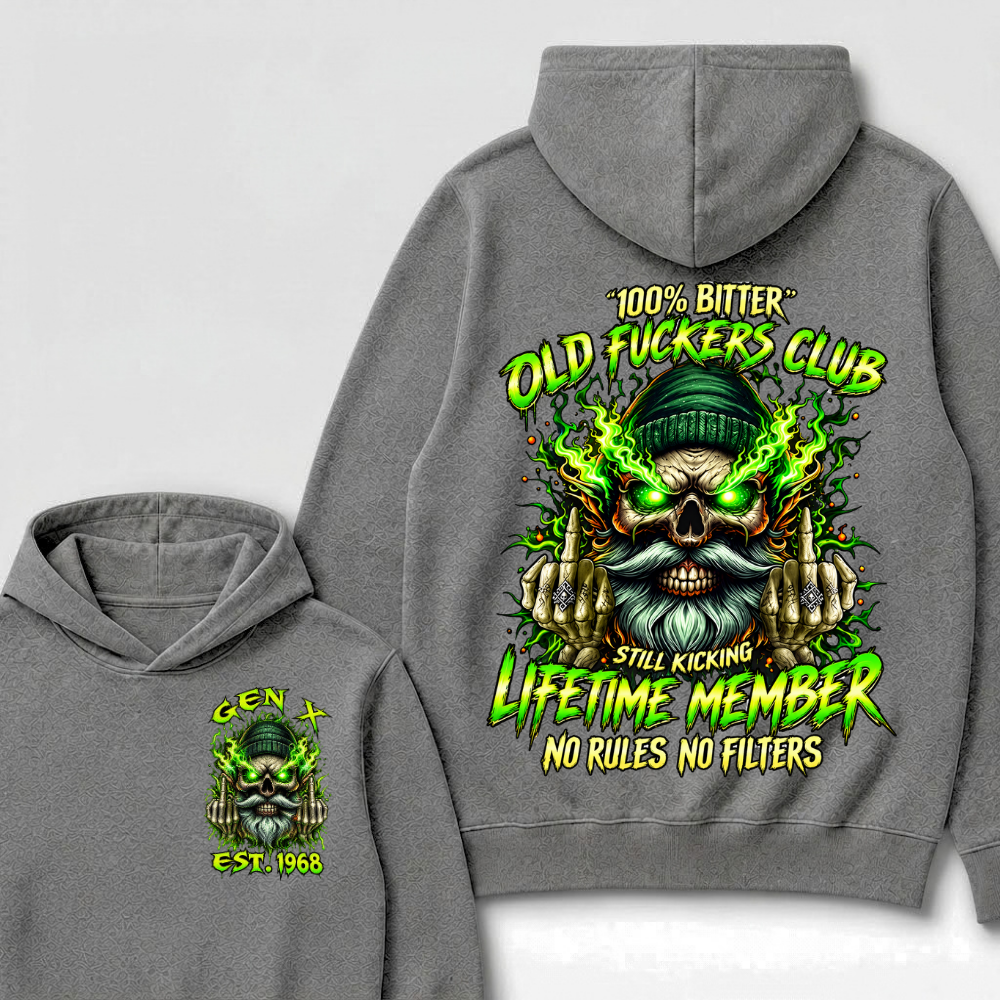 Gen X Custom Year Old Fuckers Club Beanie Bearded Skull Double Finger Green Flame Hoodie