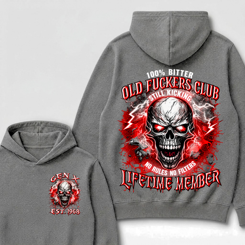 100% Bitter Old Fuckers Club Lifetime Member Hoodie Custom Year Gen X Red Lightning Cracked Skull Mens Biker Hoodie