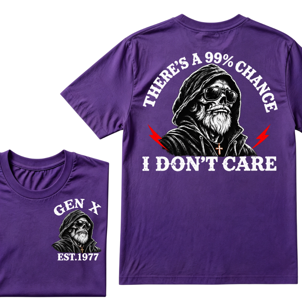 Gen X EST.Year There's A 99% Chance I Don't Care Bearded Skull Hooded Graphic T-Shirt