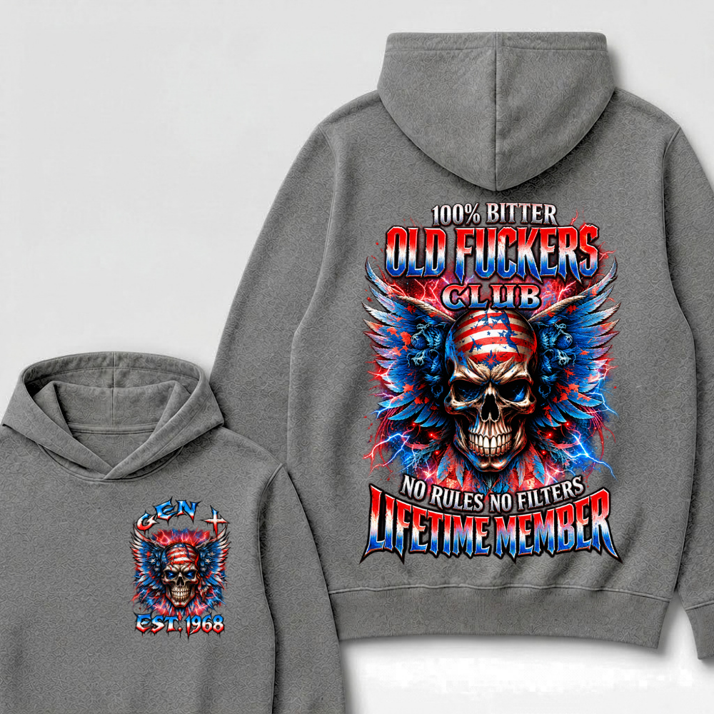 100% Bitter Old Fuckers Club Lifetime Member Hoodie Custom Year Gen X Patriotic Winged USA Flag Skull Red Blue Lightning No Rules No Filters Mens Biker Hoodie
