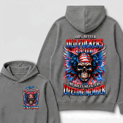 100% Bitter Old Fuckers Club Lifetime Member Hoodie Custom Year Gen X Patriotic Winged USA Flag Skull Red Blue Lightning No Rules No Filters Mens Biker Hoodie