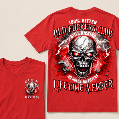 Gen X Custom Year Old Fuckers Club Red Lightning Cracked Skull Blood Splatter T-Shirt