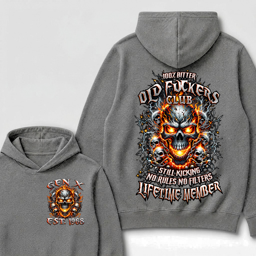 Gen X Custom Year Old Fuckers Club Hellfire Multi Skull Chain Lightning Hoodie