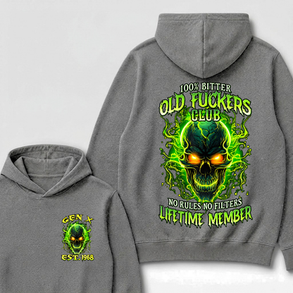 100% Bitter Old Fuckers Club Lifetime Member Hoodie Custom Year Gen X Green Fire Glowing Skull No Rules No Filters Men Graphic Hoodies