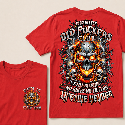 Gen X Custom Year Old Fuckers Club Multi Skull Chain Fire Lightning T-Shirt