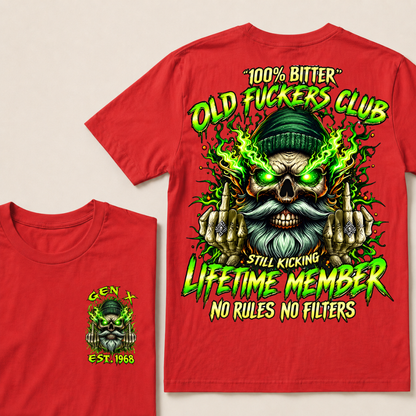 Gen X Custom Year Old Fuckers Club Beanie Skull Double Finger Green Flame T-Shirt