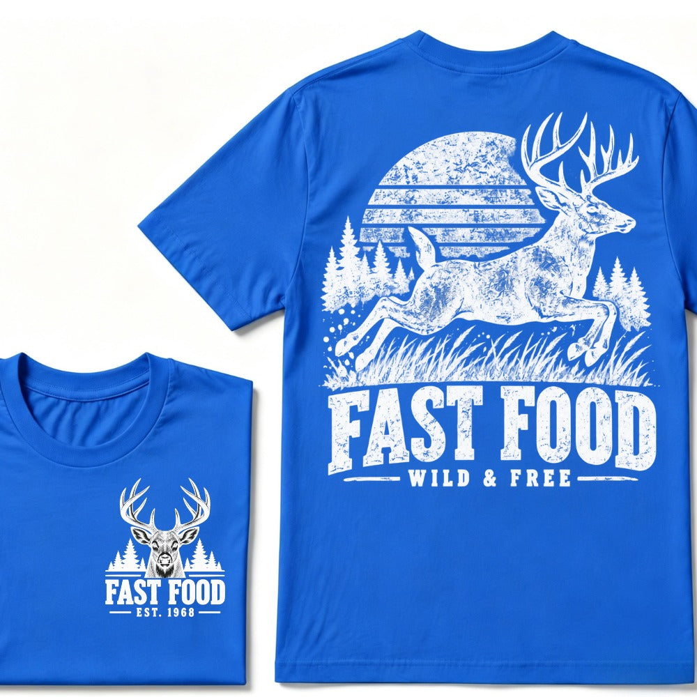 Fast Food Wild & Free Deer Hunting T-Shirt EST.Year Vintage Buck Hunter Forest Graphic Tee